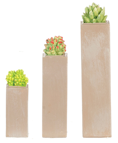 Dollhouse Miniature Resin Tall Square Succulents Set/3Pc